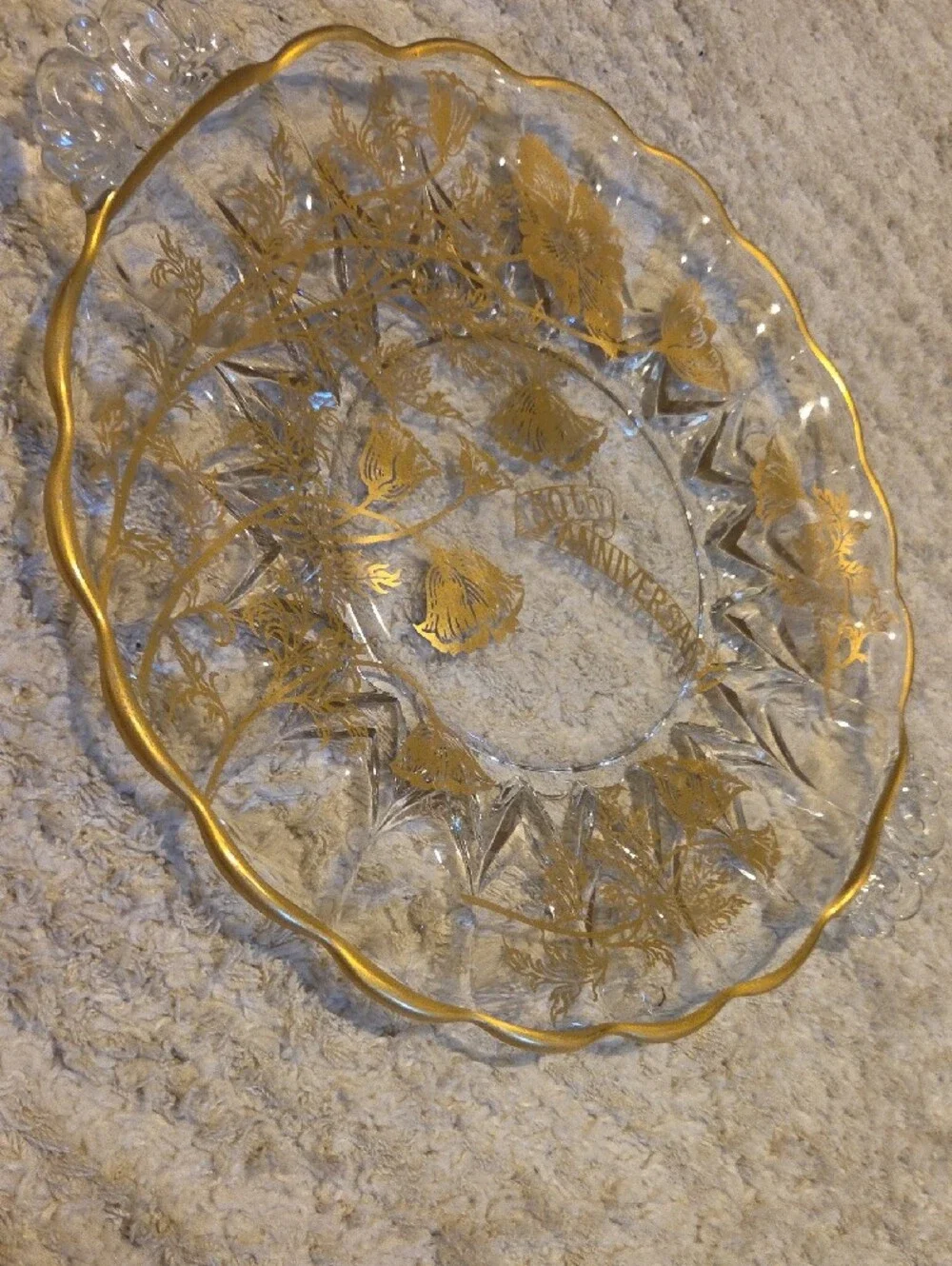 Glass Flanders Poppy 22k Gold Overlay Crystal Cake Plate 50th Anniversary